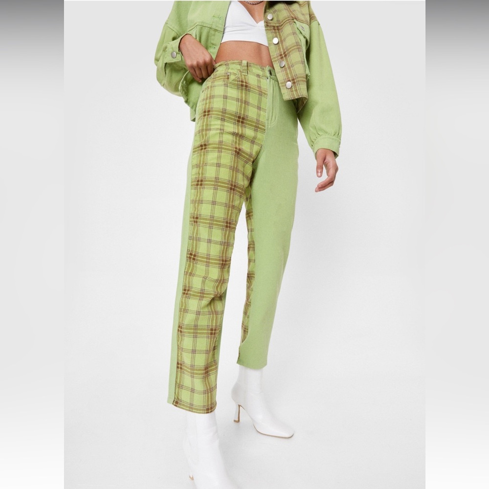 NEW Nasty Gal Check Print Contrasting Mom Jean Green Size 6